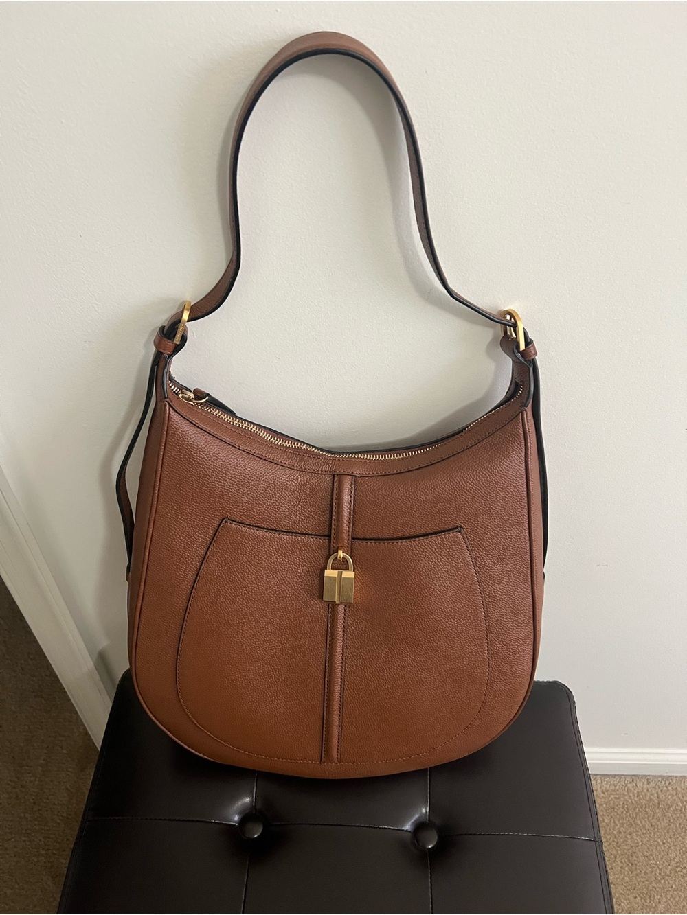 DeMellier Brown Pebbled Leather Hobo with Gold Padlock